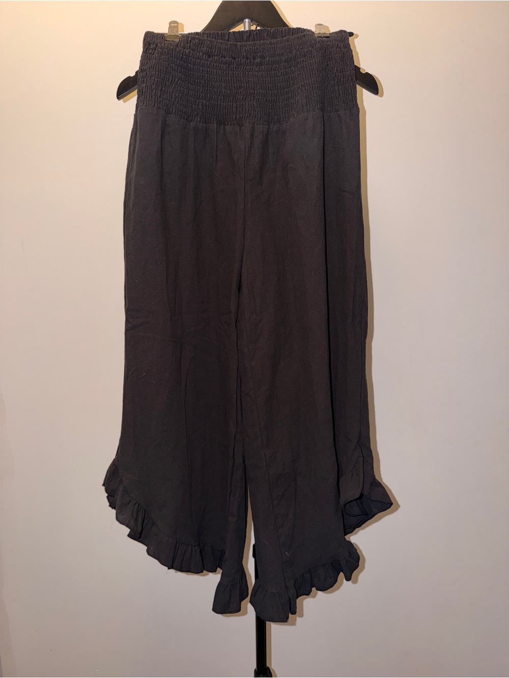 Black 100% Cotton Wide Leg Pants | Smocked Waist | Ruffle Hem - Picture 2 of 4